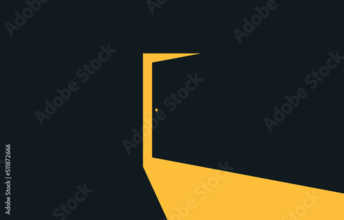 Open door with yellow light in dark room. Light coming in through an open door. Abstract concept for business, new opportunities, coming out, exit, hope, possibilities. Vector illustration