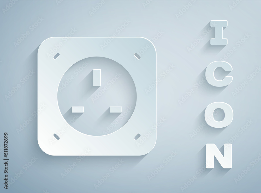 Paper cut Electrical outlet icon isolated on grey background. Power socket. Rosette symbol. Paper art style. Vector Paper cut Electrical outlet icon isolated on grey background. Power socket. Rosette symbol. Paper art style. Vector