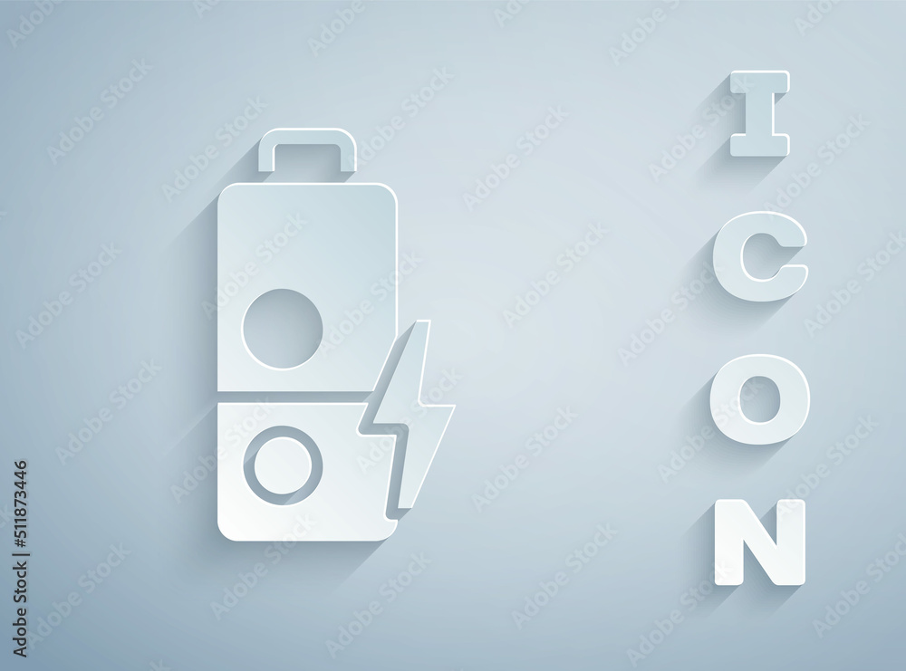 Paper cut Battery charge level indicator icon isolated on grey background. Paper art style. Vector Paper cut Battery charge level indicator icon isolated on grey background. Paper art style. Vector