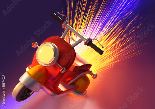 Red scooter vintage. Scooter vintage with sparks under wheels. Three-dimensional detailed moped. Scooter vintage front view. Front wheel of motorbike in air. Mini motorcycle in old style 3d image photo