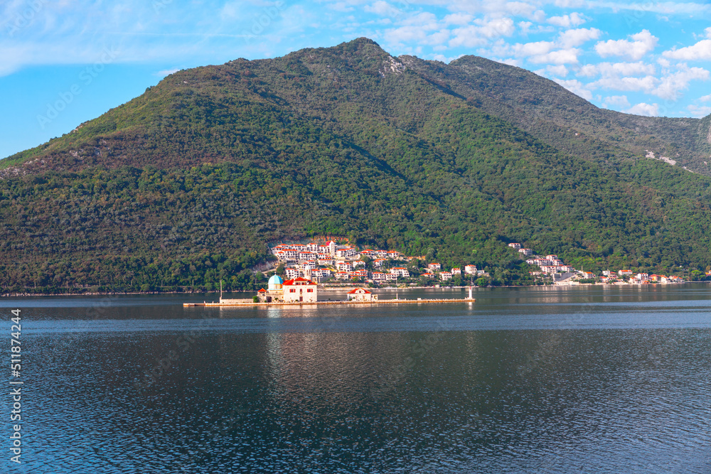 Church at magnificent small island in Kotor Bay Montenegro . Latarnia Morska Our Lady of the Rock Church at magnificent small island in Kotor Bay Montenegro . Latarnia Morska Our Lady of the Rock