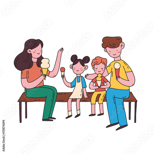 Family summer concept illustration. Parents and their child spending time together outside with ice cream. Hand drawn flat colorful vector drawing.