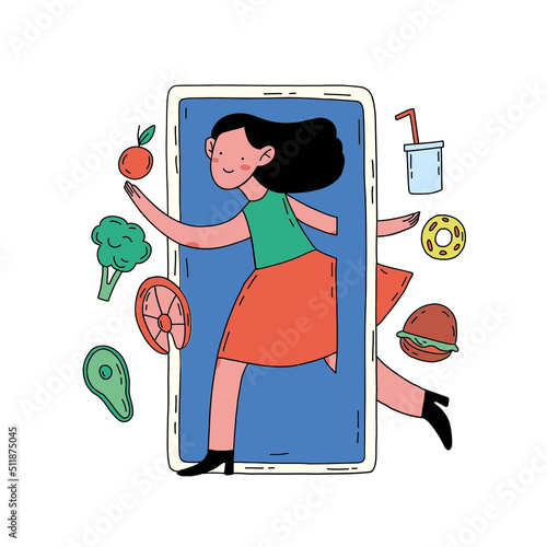Nutritionist dietolog woman with healthy and unhealthy products food. Hand drawn flat vector cartoon illustration isolated on white background.