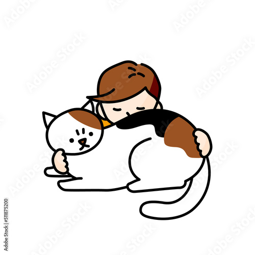 猫を吸う（猫に顔をうずめる）男性のイラスト（白背景・ベクター・切り抜き）