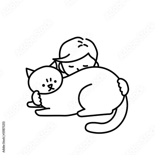 猫を吸う（猫に顔をうずめる）男性のイラスト（白背景・ベクター・切り抜き）