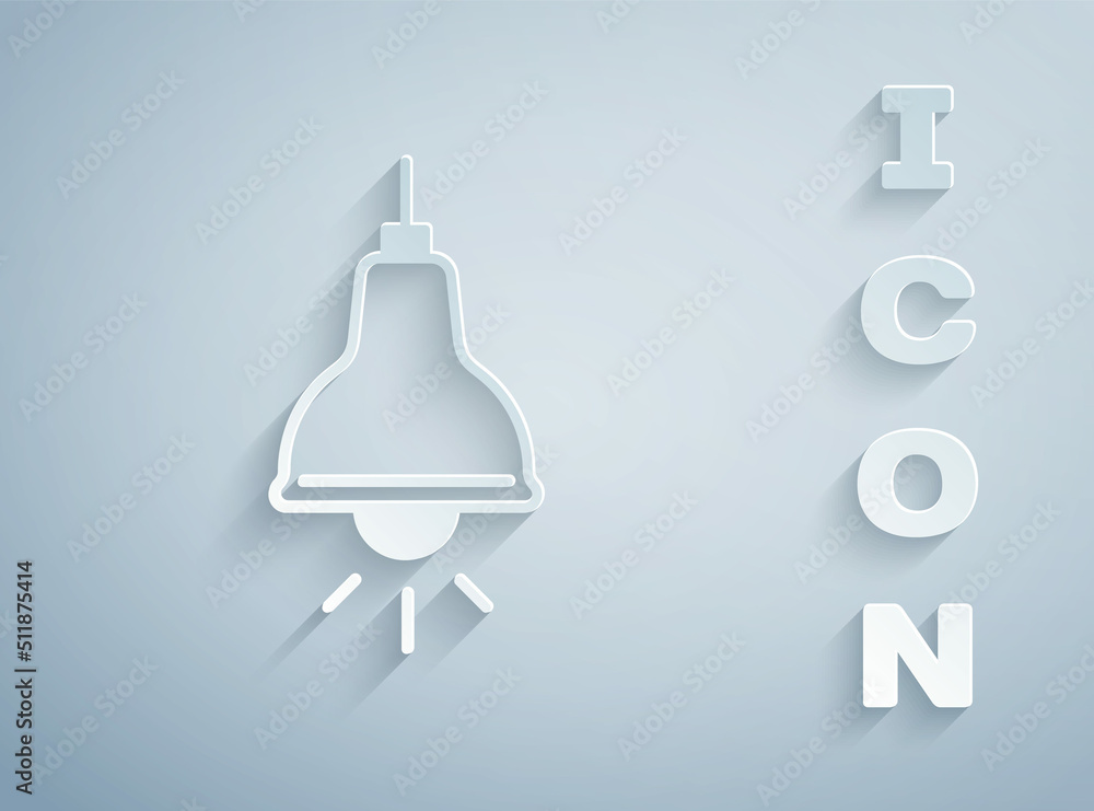 Obraz premium Paper cut Lamp hanging icon isolated on grey background. Ceiling lamp light bulb. Paper art style. Vector