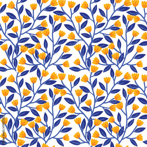 Seamless ivy pattern features yellow flowers and blue leaves on a white background.