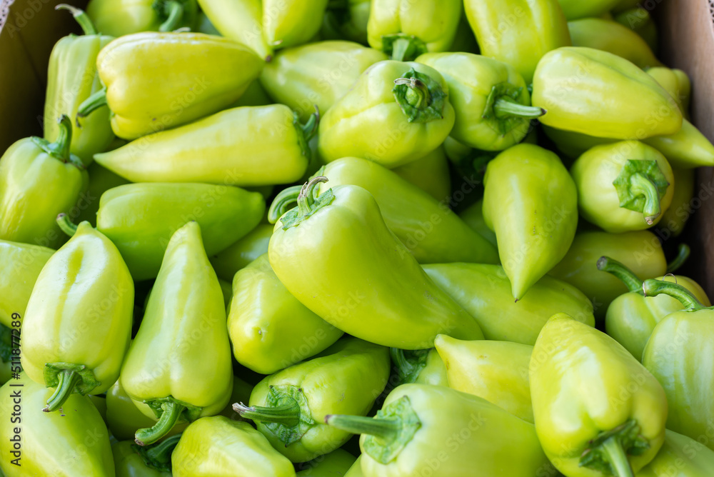 Green pepper top view in the store. Pattern, background Green pepper top view in the store. Pattern, background