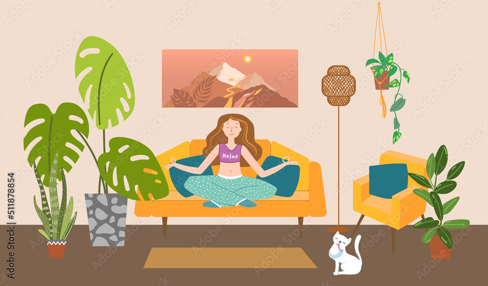 A young woman meditates while sitting on the couch. Interior vector illustration. Cozy cute room.