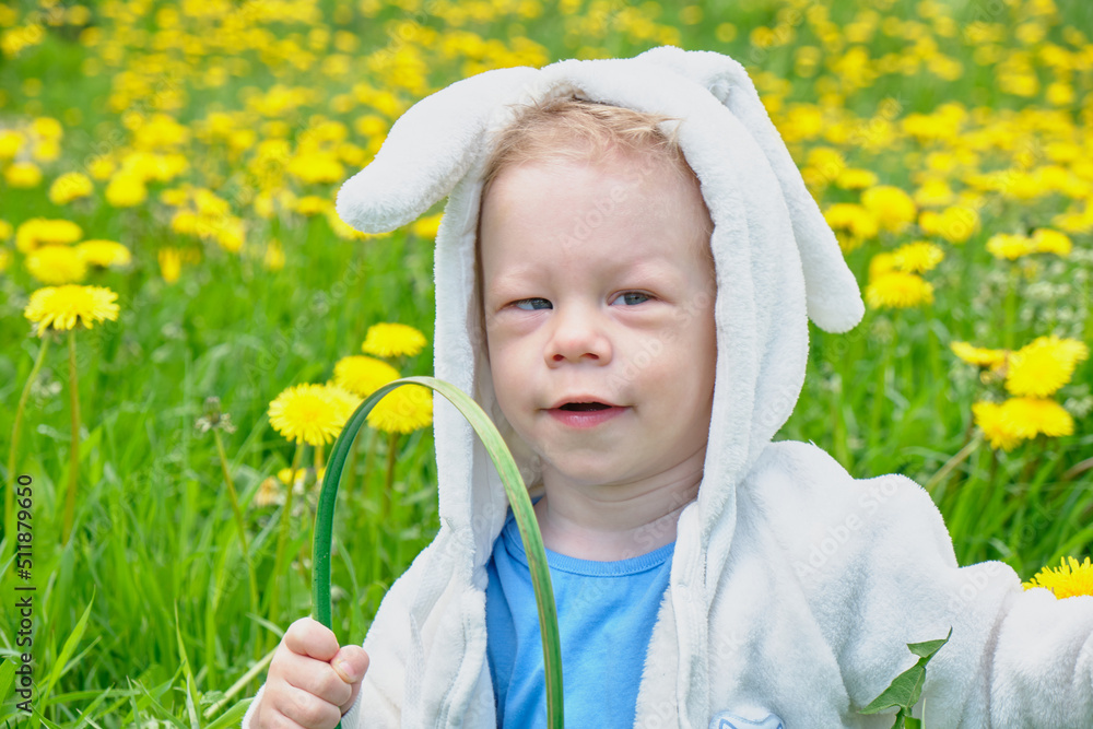 happy child dressed as rabbit sits on a field with dandelions happy child dressed as rabbit sits on a field with dandelions