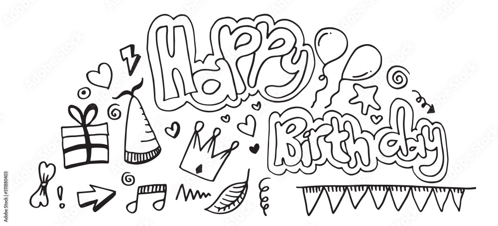 set of hand drawn doodle cartoon objects and symbols on the birthday party.