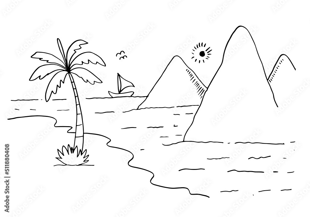 sea for children's coloring page Beach Graphic black white landscape