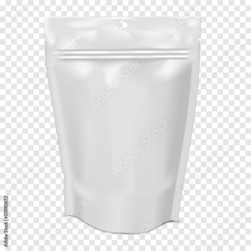 Blank stand-up pouch on transparent background vector mockup. White flexible plastic packaging bag with zip lock, tear notches and punch hole for hanging realistic mock-up. Template for design