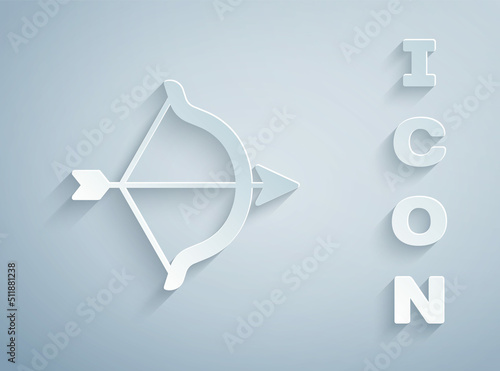 Paper cut Bow and arrow icon isolated on grey background. Cupid symbol. Love sign. Happy Valentines day. Paper art style. Vector
