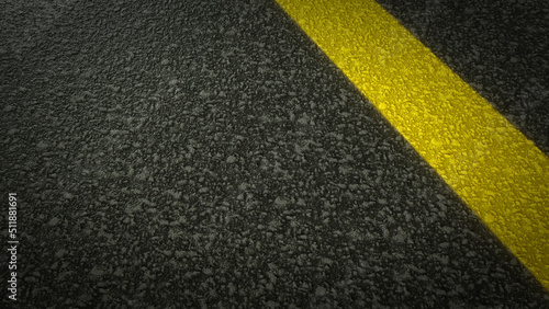 Closeup asphalt road with solid yellow pavement marking.