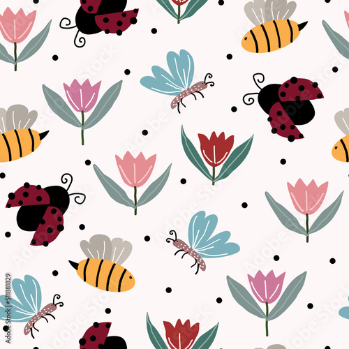  Seamless pattern with ladybugs, bees, butterflies, tulips and dots on a green background.