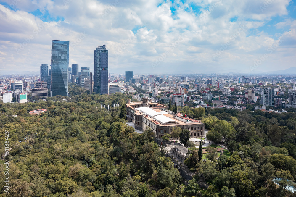 Aerial drone view of Chapultepec Park, city in the background