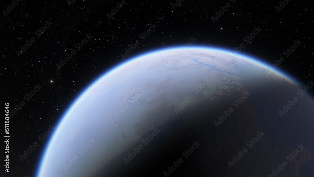 super-earth planet, realistic exoplanet, planet suitable for colonization, earth-like planet in far space, planets background 3d render
