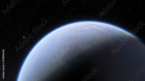 super-earth planet, realistic exoplanet, planet suitable for colonization, earth-like planet in far space, planets background 3d render 