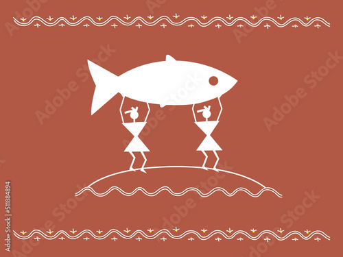 Two people are carrying a big fish. Fishermen with a catch. Vector illustration in ancient Indian style. Sora art of idittals or warli painting.