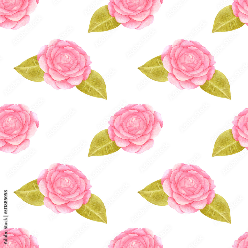 Handdrawn roses seamless pattern. Watercolor pink flowers with green leaves on the cream background. Scrapbook design, typography poster, label, banner, textile.