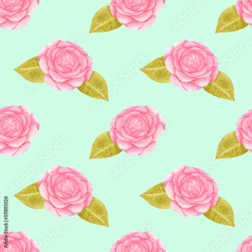 Handdrawn roses seamless pattern. Watercolor pink flowers with green leaves on the mint background. Scrapbook design  typography poster  label  banner  textile.