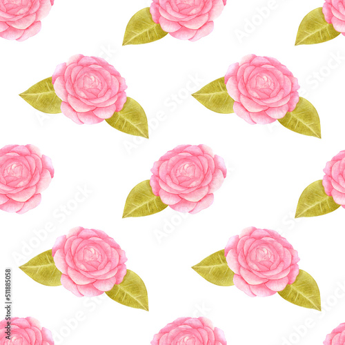 Handdrawn roses seamless pattern. Watercolor pink flowers with green leaves on the cream background. Scrapbook design  typography poster  label  banner  textile.