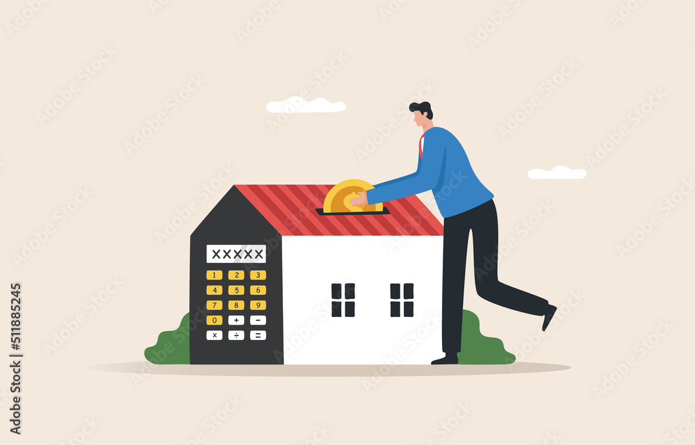 House mortgage payment and installment schedule concept. A young man or businessman saves money to pay for the house. House mortgage payment and installment schedule concept. A young man or businessman saves money to pay for the house.