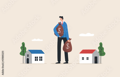 Choosing to invest in real estate and housing Interest rates on a loan or home rental. Young man or investor looking to buy a small home.