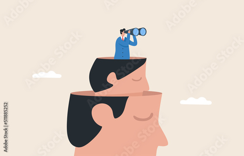 Business Leader Vision. looking for new opportunities add knowledge or the strategy of a business or organization.  Large human head and a man with binoculars business goal search.