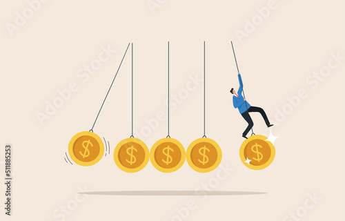 Financial management or risk management from investing in currency or government banknotes. The impact of the  economic or inflation. Businessman swinging pendulum with dollar sign.