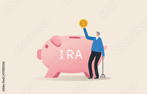 IRA, Individual retirement account. Pension plan for senior retiree, retirement savings fund. .The old man and his deposit in the piggy bank.