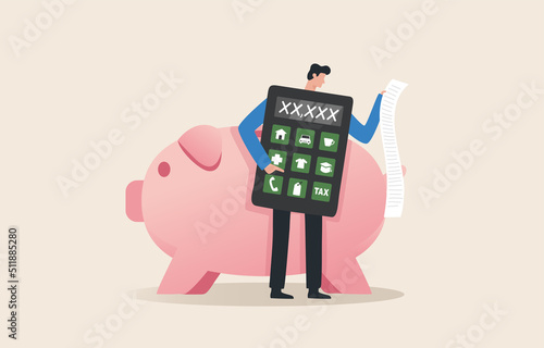 Monthly cost or budget. Bills to pay, home loans, cars, consumer goods, apparel, miscellaneous, tax payments. Personal finance management. young man calculates his monthly expenses with a calculator.