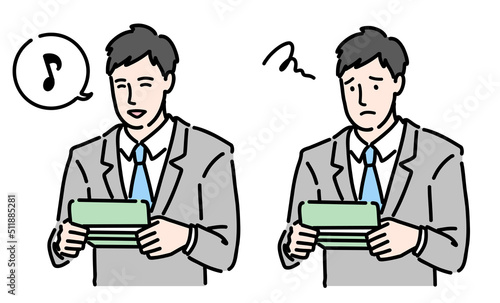 通帳を見て一喜一憂しているスーツの若い男性のセット