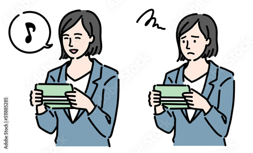 通帳を見て一喜一憂している若いスーツの女性のセット