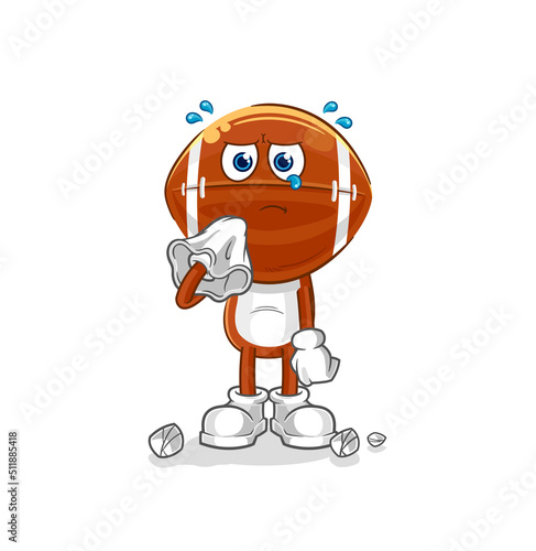 rugby head cry with a tissue. cartoon mascot vector