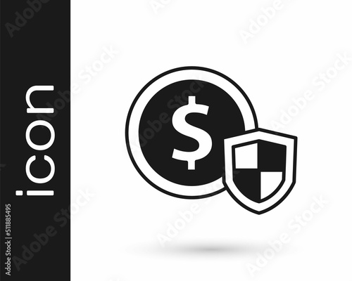 Black Money with shield icon isolated on white background. Insurance concept. Security, safety, protection, protect concept. Vector