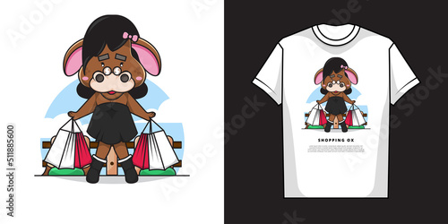Cartoon Character of Adorable Oxen Girl is Holding Shopping Bag with T-Shirt Mockup Design