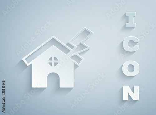 Paper cut House and lightning icon isolated on grey background. House with thunderbolt for house or property insurance symbol. Paper art style. Vector