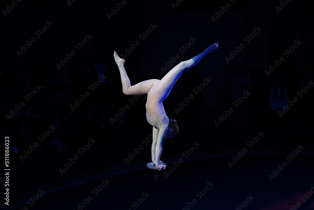 Woman gymnast performs at an acrobatic show