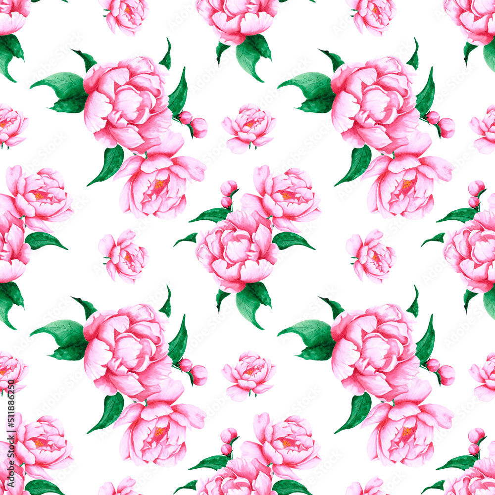 Handdrawn peony flowers seamless pattern. Watercolor pink peony on the white background. Scrapbook design, typography poster, label, banner, textile.