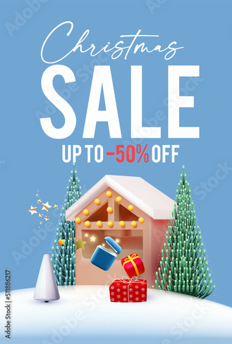 Christmas Sale 3D poster template with market stall, gift boxes and fir tree branches. Season offer and shopping design
