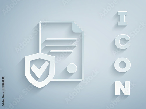 Paper cut Contract with shield icon isolated on grey background. Insurance concept. Security, safety, protection, protect concept. Paper art style. Vector