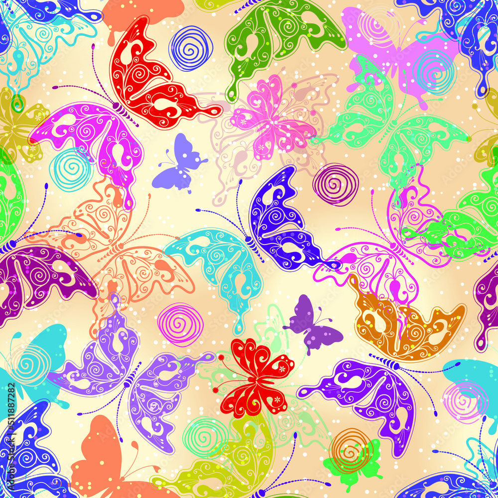 Seamless pattern with multi-colored carved silhouettes of butterflies on a spotted light background. Vector eps 10