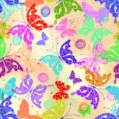 Seamless pattern with multi-colored carved silhouettes of butterflies on a spotted light background. Vector eps 10