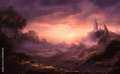 Fantasy mountain landscape with sunset. Foggy sunset, mountains, mountain river, gorge. Abstract fantastic futuristic landscape. 3D illustration.