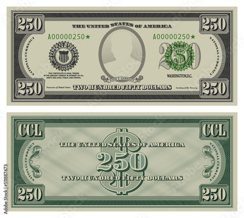 Vector two hundred fifty dollars banknote. Gray obverse and green reverse fictional US paper money in style of vintage american cash. Frame with guilloche mesh and bank seals. John F. Kennedy