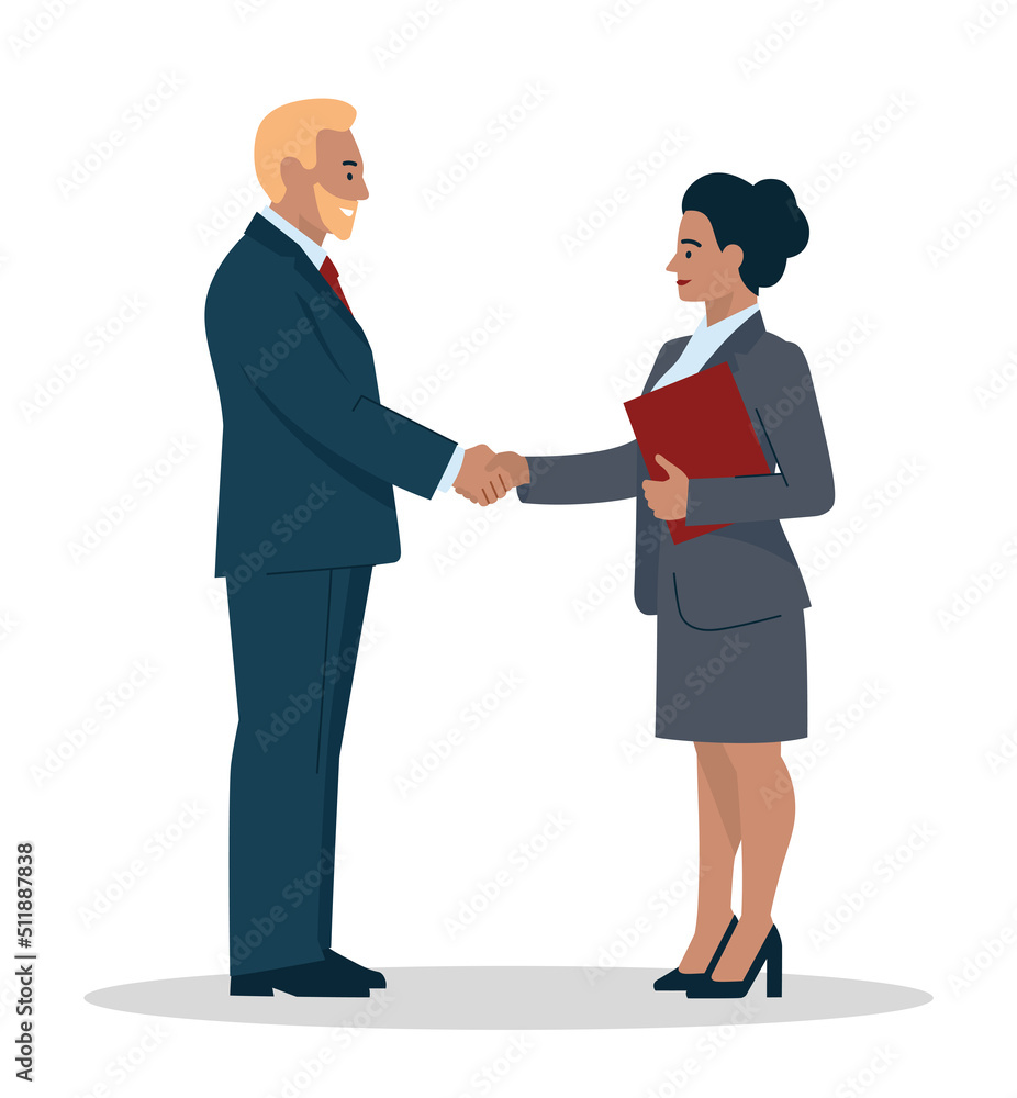 Business people. Recruitment agency. Recruitment. A woman and a man greet each other with a handshake. Office staff, worker, student, schoolboy. Vector image.