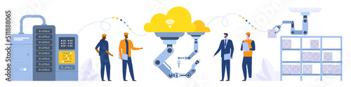 Assembly line with robotic arms and workers Male and female factory workers engineers Automated production process User connecting with a tablet and sharing data with a cyber-physical system Vector