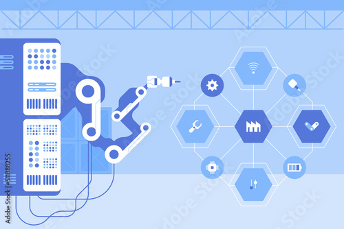 Control point and computer screens in server room. Flat color vector illustration. Data center equipment. Digital technology industry 2D simple cartoon objects in interior with machinery on background